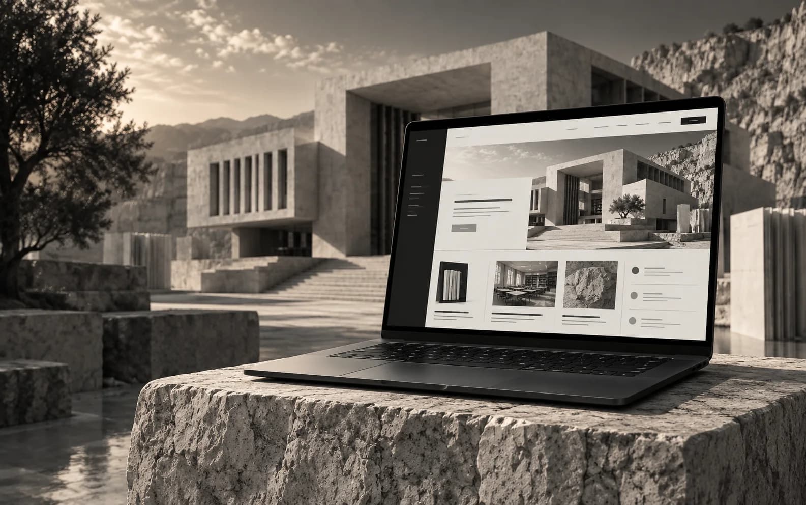 A monumental limestone education building emerging from a quarry landscape