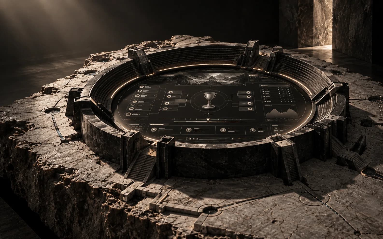 A circular basalt tournament arena mapped with precise operational routes